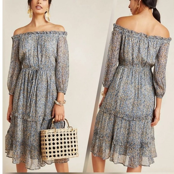 Anthropologie Kira Floral Off Shoulder Midi Dress Tiered Ruffle Sz 6 Boho Cottag - Picture 1 of 6